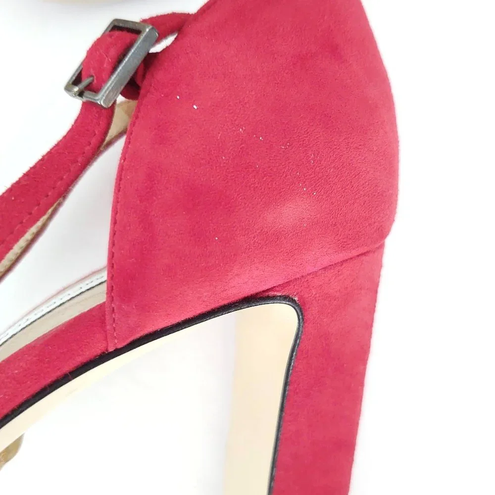 Crimson red suede ankle strap platform pump